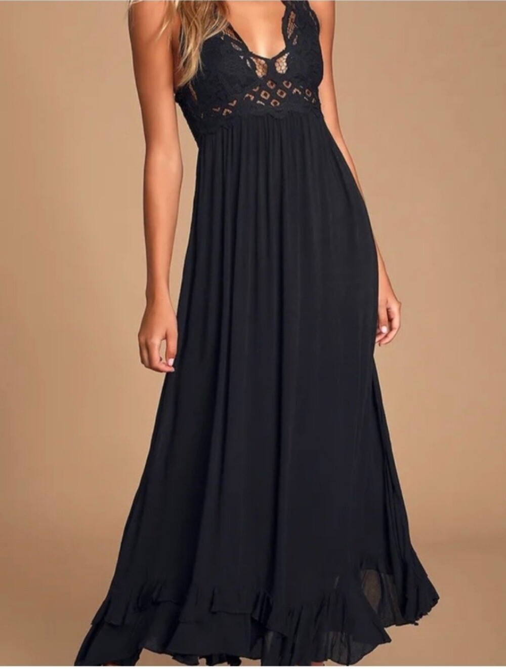 Free People Adella Black Lace Maxi Dress Criss Cross Back Boho Size Medium
